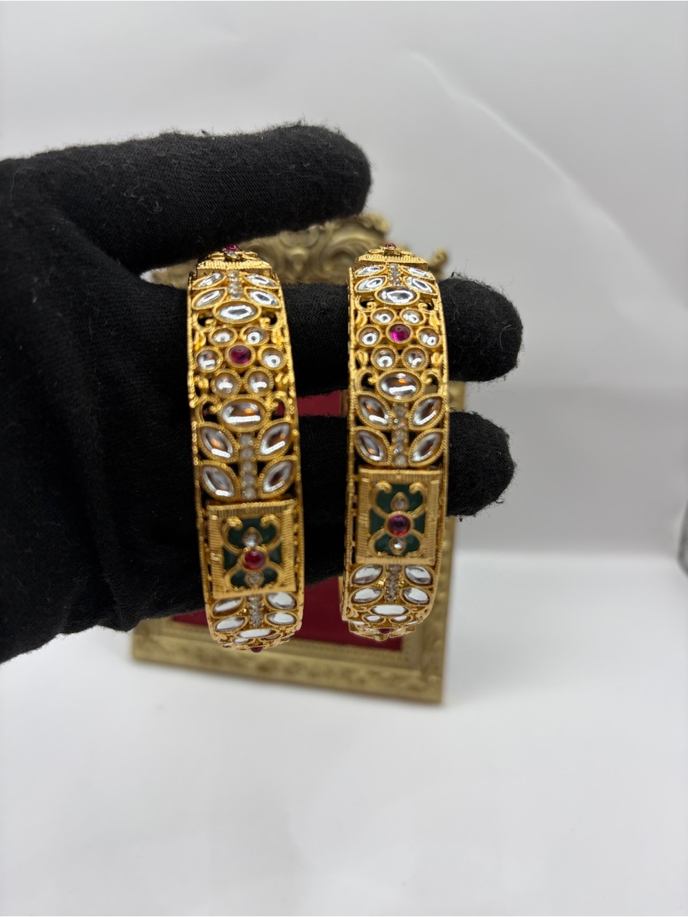 Gold-Tone Kundan & Enamel Floral Bangle Set - Pink/Green Accents Stone